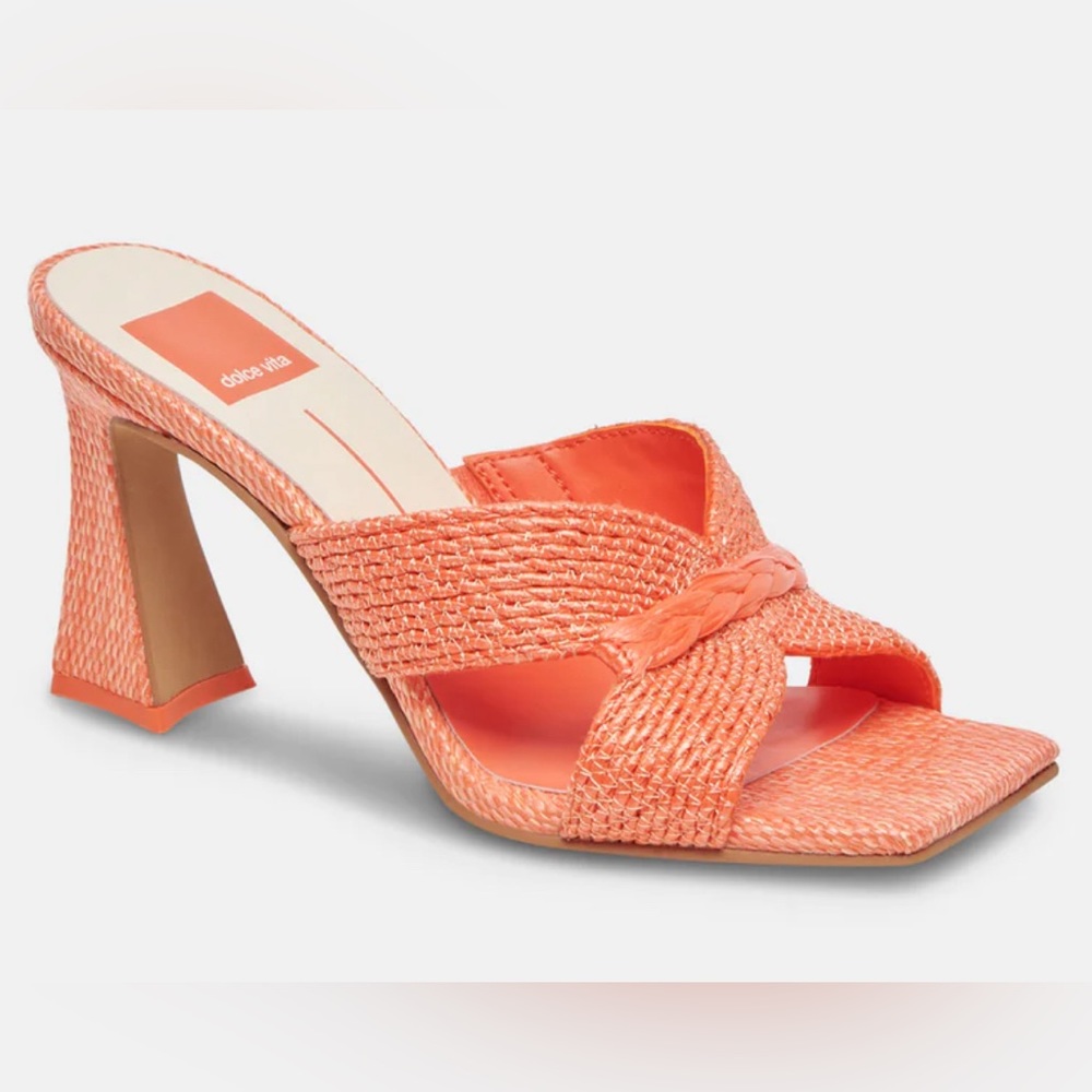 Dolce Vita Nitro 9 Orange Raffia Sandals Women’s Chunky Heel NEW Slip On NIB